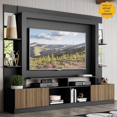 Rack com Painel Tv 65 Prateleiras com Espelho Oslo Preto