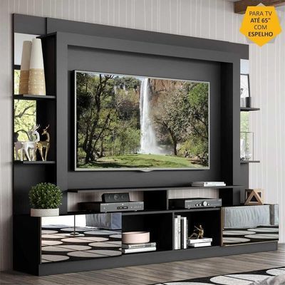 Rack Estante com Painel Tv 65 e Espelho Oslo Preto madeirado