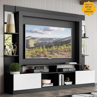 Rack com Painel Tv 65 Prateleiras com Espelho Oslo Preto