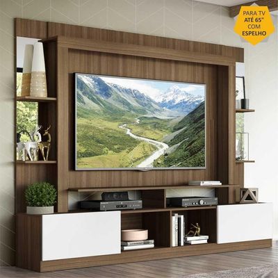 Rack com Painel Tv 65 Prateleiras com Espelho Oslo Madeirado