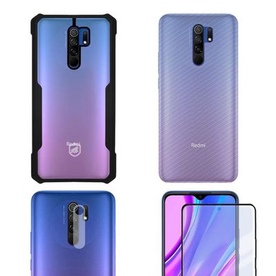 Película Defender Glass + Camera + Fibra de Carbono + Capa Dual Shock X Para Redmi 9 - Gshield