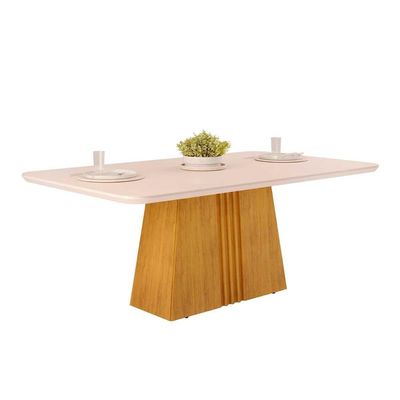 Mesa de Sala Jantar Italia c/Tampo Madeirado Vidro Curvo 170x90cm Cedro/Off White - DJ Móveis
