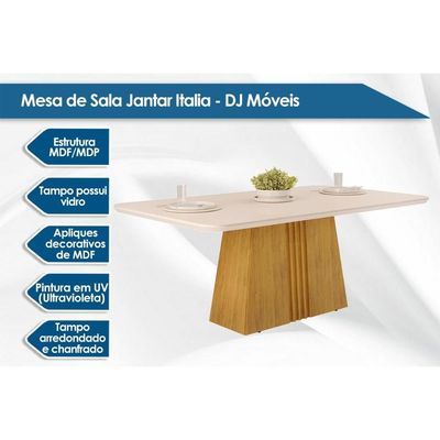 Mesa de Sala Jantar Italia c/Tampo Madeirado Vidro Curvo 170x90cm Cedro/Off White - DJ Móveis