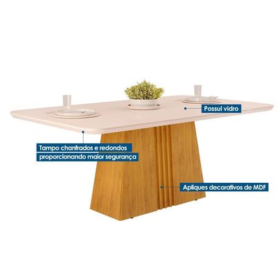 Mesa de Sala Jantar Italia c/Tampo Madeirado Vidro Curvo 170x90cm Cedro/Off White - DJ Móveis