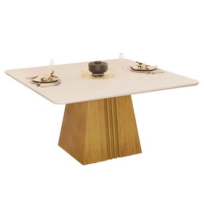 Mesa de Sala Jantar Itália c/Tampo Madeirado Vidro Curvo 136x136cm Cedro/Off White - DJ Móveis