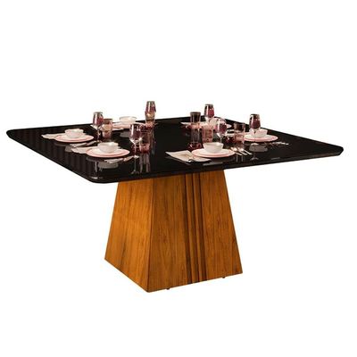 Mesa de Sala Jantar Itália c/Tampo Madeirado Vidro Curvo 136x136cm Cedro/Off White - DJ Móveis