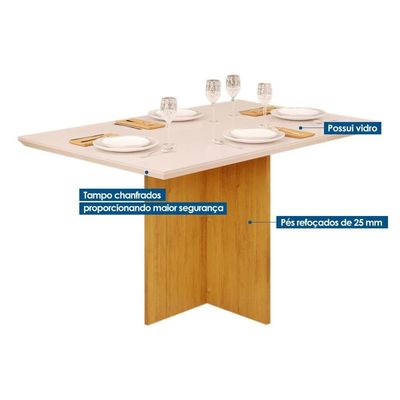 Mesa de Sala Jantar Hera c/Tampo Madeirado Vidro Reto 120x90cm Cedro/Off White - DJ Móveis