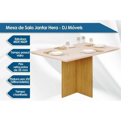 Mesa de Sala Jantar Hera c/Tampo Madeirado Vidro Reto 120x90cm Cedro/Off White - DJ Móveis