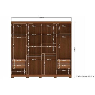 Guarda Roupa Casal 8 Portas e 4 Gavetas c/Espelho e Pés Master New 8.4 Jatoba - Santos Andirá