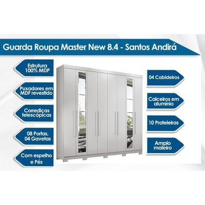 Guarda Roupa Casal 8 Portas e 4 Gavetas c/Espelho e Pés Master New 8.4 Jatoba - Santos Andirá