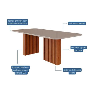 Mesa de Sala Jantar Ester c/Tampo Madeirado Vidro Reto 210x100cm Cinamomo/Off White - Cimol