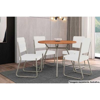 Sala de Jantar Completa 1588 Aço c/ Tampo Madeirado 100cm e 4 Cadeiras 1736 Branco/Prata - Carraro