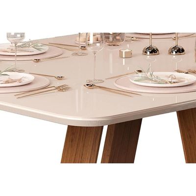 Mesa de Sala Jantar Celeste c/Tampo Madeirado Vidro Curvo 160x90cm Freijó/Off White - DJ Móveis