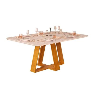 Mesa de Sala Jantar Celeste c/Tampo Madeirado Vidro Curvo 160x90cm Cedro/Off White - DJ Móveis