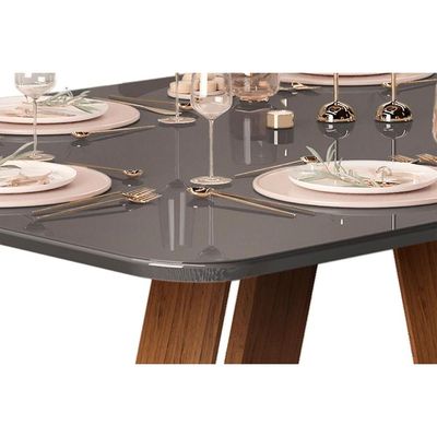 Mesa de Sala Jantar Celeste c/Tampo Madeirado Vidro Curvo 160x90cm Cedro/Off White - DJ Móveis