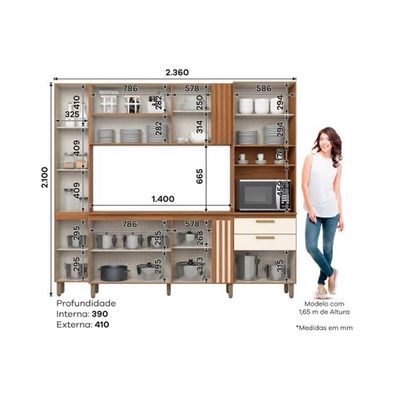 Kit de Cozinha Compacta B126 11 Portas e 2 Gavetas 236cm Nature/Off White - Henn