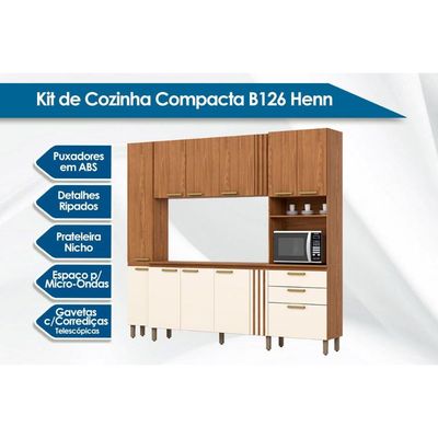 Kit de Cozinha Compacta B126 11 Portas e 2 Gavetas 236cm Nature/Off White - Henn
