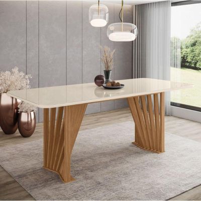 Conjunto Mesa De Jantar Henn Adriana Tampo De Vidro Nature off caramelo creme