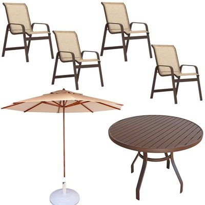 Conjunto Lótus Com Mesa 90cm Ripada 4 Poltronas Ombrelone 3,00m Com Base Marrom claro