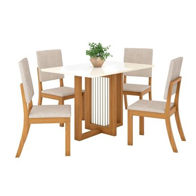 Conjunto Mesa com 4 Cadeiras Thalia em MDF e MDP Henn Nat/Off/Linho