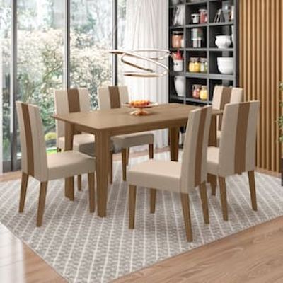 Conjunto de Sala de Jantar Mesa com 6 cadeiras Goya Poliman Bege Claro