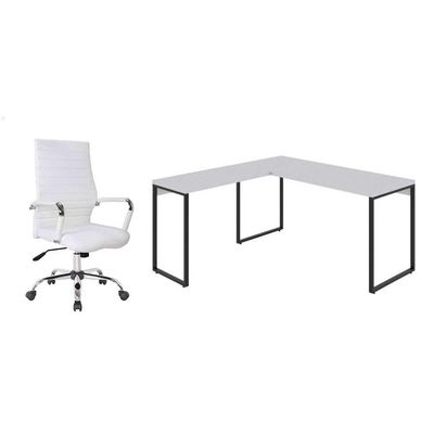 Conjunto de Mesa Kuadra  II 150 cm com Cadeira de Escritório Diretor Giratória Cleaner Branca