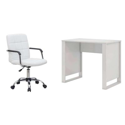 Conjunto de Mesa Morada com Cadeira de Escritório Secretária Giratória Fitz Branca