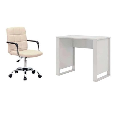 Conjunto de Mesa Morada Branca com Cadeira de Escritório Secretária Giratória Fitz Bege