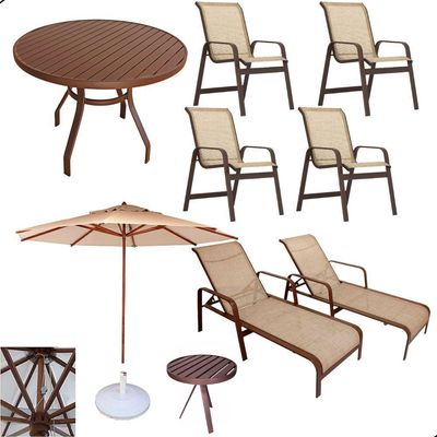 Kit 2 Chaises 1 Mesa 4 Cadeiras 1 Mesinha Ombrelone com base Marrom