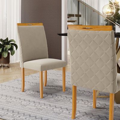 Kit Com 6 Cadeiras Agnes Madeira Maciça Estofadas Para Mesa De Jantar Veludo Bege 102