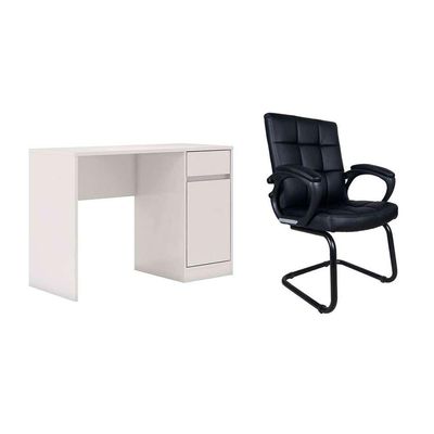 Conjunto de Mesa Morada 1 PT 1 GV Branca com Cadeira de Escritório Interlocutor Fixa Charles Preta