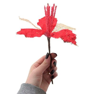 Kit 12 Flores Vermelhas Com Cabo Artificial Decoração De Natal Com Glitter 22cm