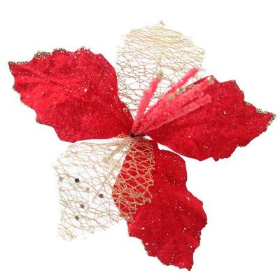 Kit 12 Flores Vermelhas Com Cabo Artificial Decoração De Natal Com Glitter 22cm