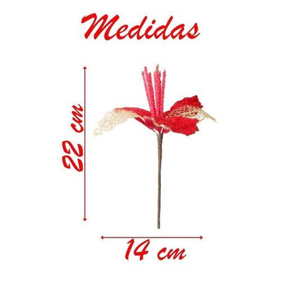 Kit 12 Flores Vermelhas Com Cabo Artificial Decoração De Natal Com Glitter 22cm
