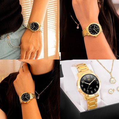 Brincos + Relogio Feminino Dourado Aço Inox + Caixa + Colar Moda Social Strass Qualidade Premium