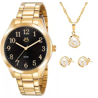 Brincos + Relogio Feminino Dourado Aço Inox + Caixa + Colar Moda Social Strass Qualidade Premium