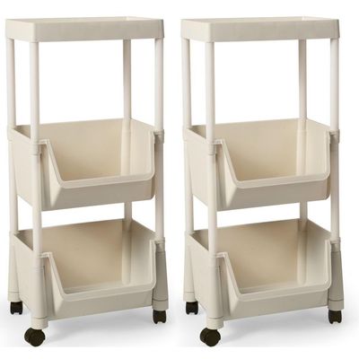 Kit 2 Carrinho Multiuso Prático 3 Prateleiras Em Plástico Com Rodízio - Creme