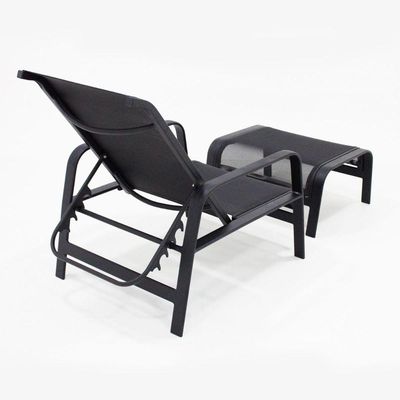 Mini Espreguiçadeira Com Puff Alumínio E Tela Sling Modelo Lótus Preto