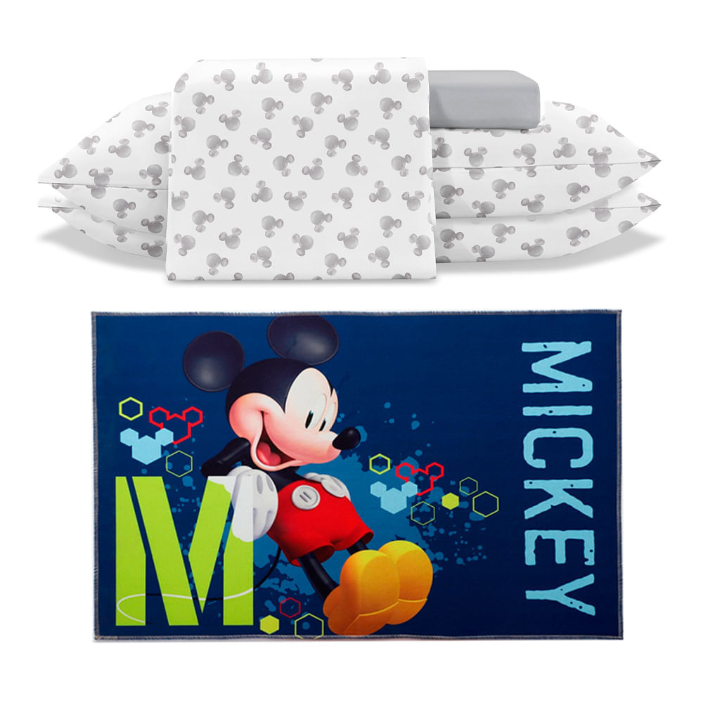 Kit Jolitex Jogo Casal 4 pçs Mickey Cinza e Tapete Mickey Azul 100x70cm