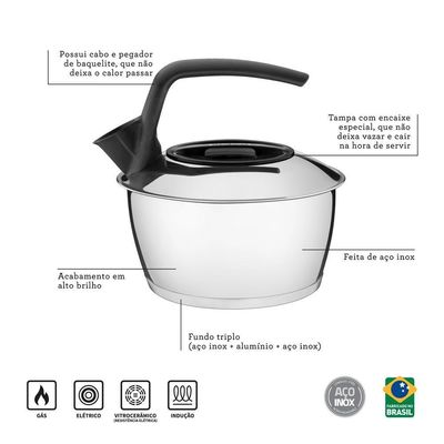 Chaleira Tramontina 1,5 Litros Em Aço Inox Com Fundo Triplo