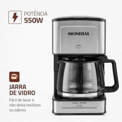 Cafeteira Elétrica Mondial Dolce Arome Vidro C-43-20X-SI 20 Xícaras 550W – Preto/Inox Inox,Preto / 110