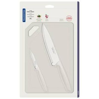 Conjunto de Facas e Tábua de Corte Tramontina Plenus em Aço Inoxidável - Off-White - 3 Peças