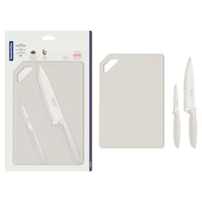 Conjunto de Facas e Tábua de Corte Tramontina Plenus em Aço Inoxidável - Off-White - 3 Peças