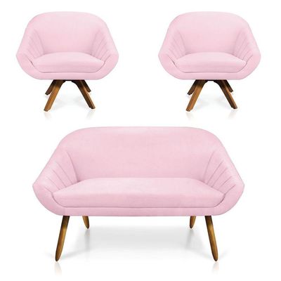 Kit 01 Namoradeira 02 Lugares 02 Poltronas Giratória Giovana Suede Madeira Mm30 D'rossi Rosa Bebê