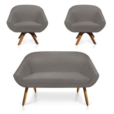 Kit 01 Namoradeira 02 Lugares 02 Poltronas Giratória Giovana Suede Base Madeira Mm30 D'rossi Grafite