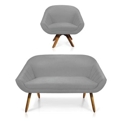 Kit 01 Namoradeira 02 Lugares E 01 Poltrona Giratória Giovana Suede Base Madeira Mm30 D'rossi Cinza