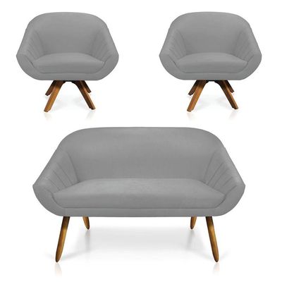 Kit 01 Namoradeira 02 Lugares E 02 Poltronas Giratória Giovana Suede Base Madeira Mm30 D'rossi Cinza