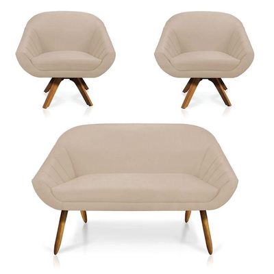 Kit 01 Namoradeira 02 Lugares 02 Poltronas Giratória Giovana Suede Base Madeira Mm30 D'rossi Bege