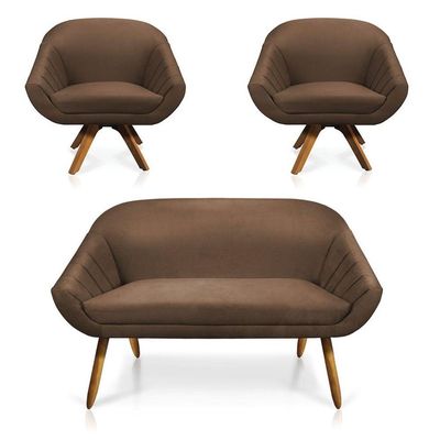 Kit 01 Namoradeira 02 Lugares 02 Poltronas Giratória Giovana Suede Base Madeira Mm30 D'rossi Marrom
