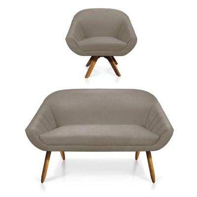 Kit 01 Namoradeira 02 Lugares E 01 Poltrona Giratória Giovana Suede Madeira Mm30 D'rossi Marrom Rato
